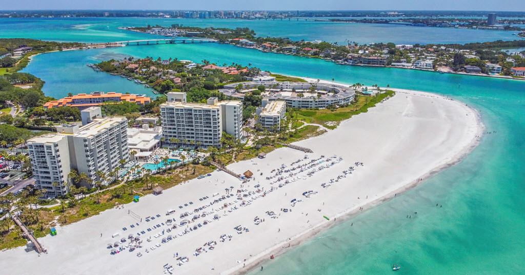 The Resort at The Longboat Key Club beach view with resort, pool and beautiful blue green water of the Gulf of Mexico